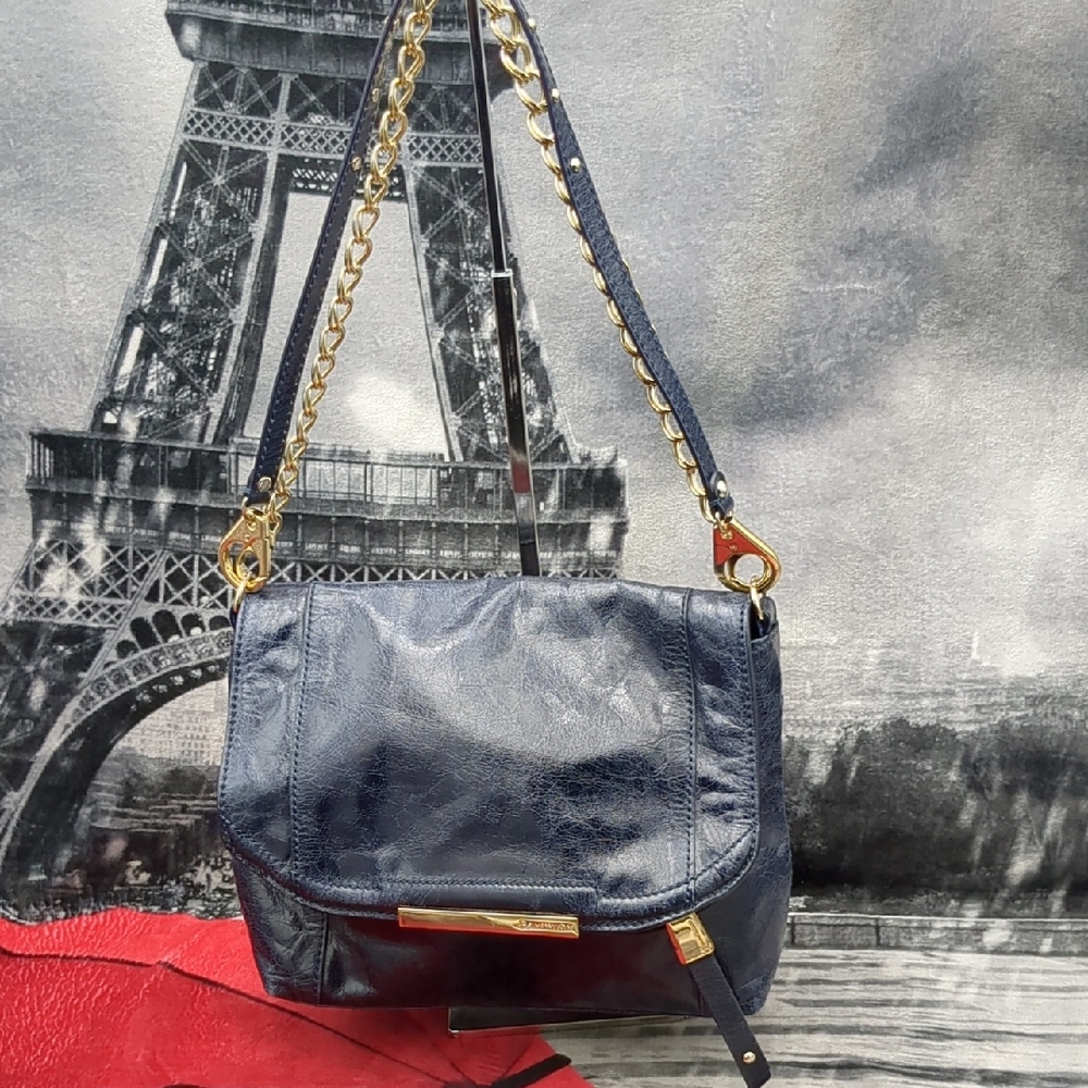 B. Makowsky Navy Blue Shoulder Bag with Gold Chain Strap